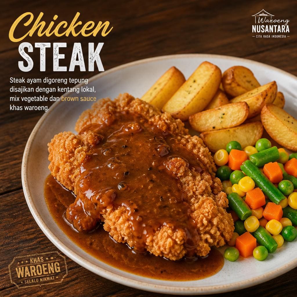 Chicken dengan steak ayam goreng tepung, kentang lokal, dan sayuran
