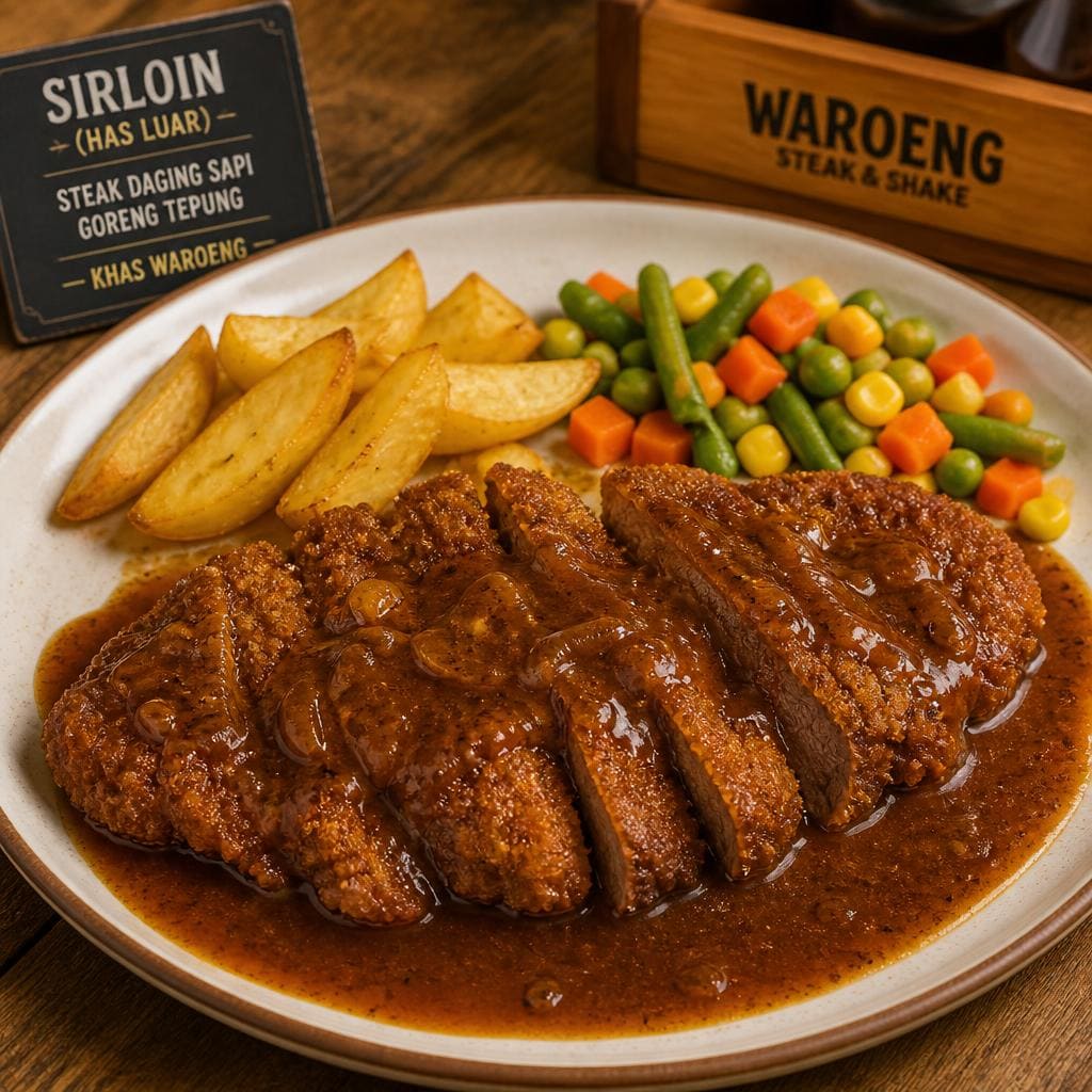 Sirloin dengan steak daging sapi bagian has luar, kentang lokal, dan sayuran