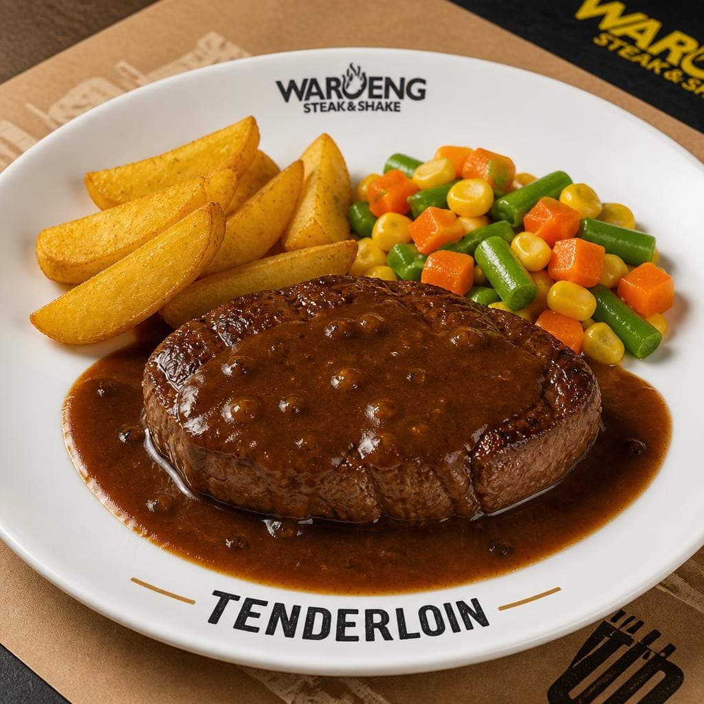 Tenderloin dengan brown sauce khas Waroeng, kentang lokal, dan sayuran
